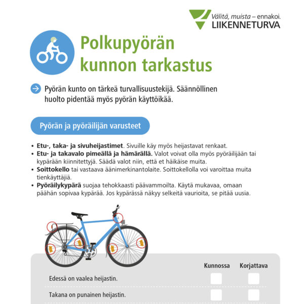 Kuva tarkastuskortista, jossa kerrotaan miten polkupyörän kunto tulee tarkastaa.