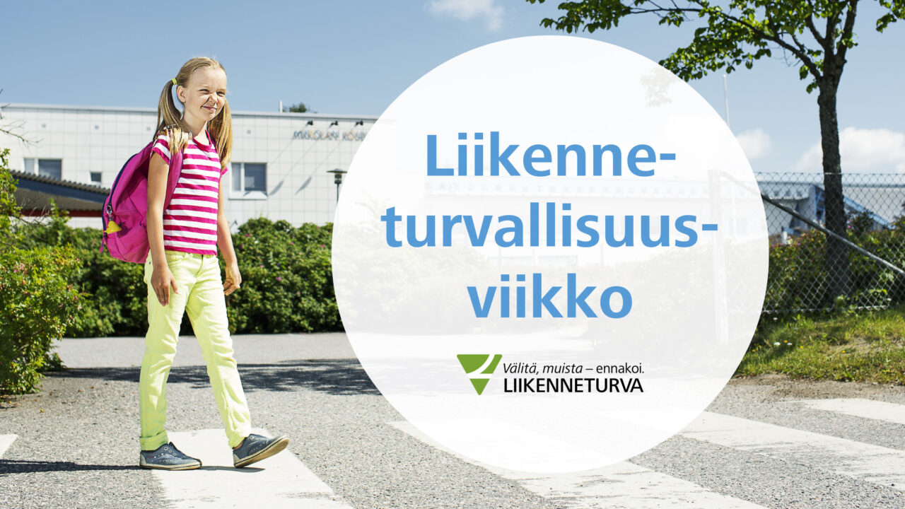 Koululainen suojatiellä ja teksti "Liikenneturvallisuusviikko" kuvassa.