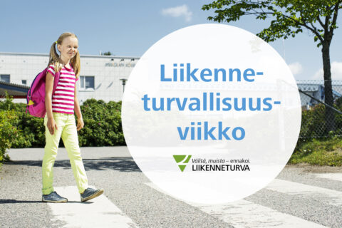 Koululainen suojatiellä ja teksti "Liikenneturvallisuusviikko" kuvassa.